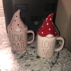 Rae Dunn Love Bug & Soul Mate Mugs with Gnome Toppers